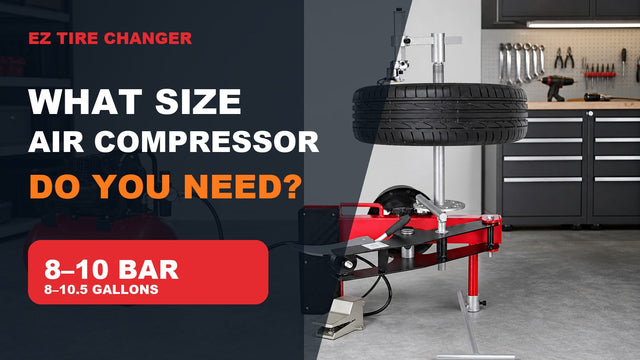 EZ Tire Changer Gen 2 connected to an air compressor with 8 to 10 bar and 8 to 10.5 gallon requirements