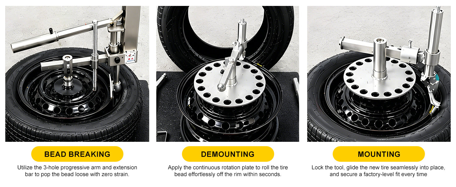 Bead breaking, demounting and mounting a tyre with a portable changer
