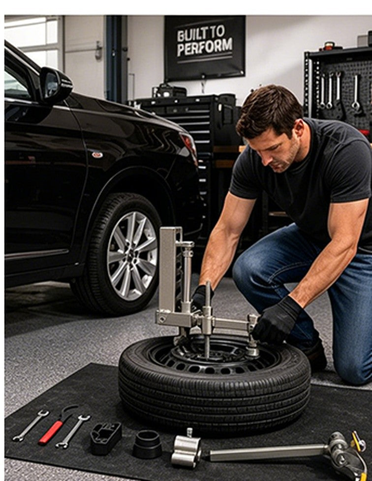 Changing a tyre in a home garage with a portable tyre changer