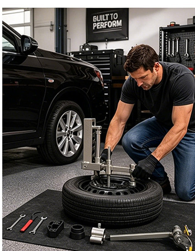 Changing a tyre in a home garage with a portable tyre changer