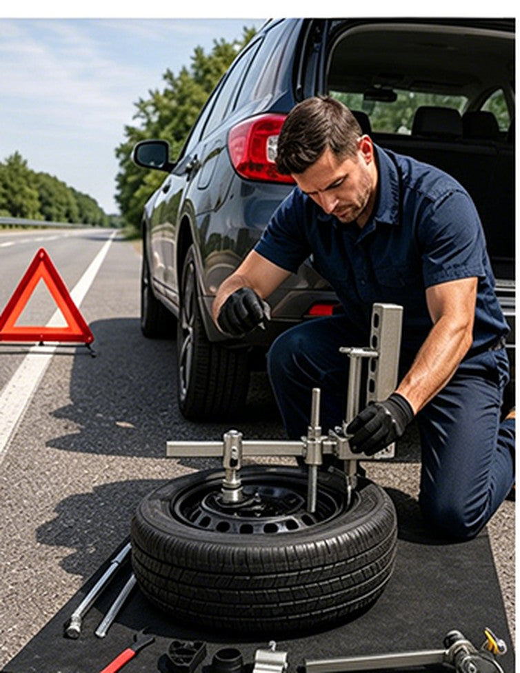 Mobile mechanic changing a tyre at the roadside with a portable changer