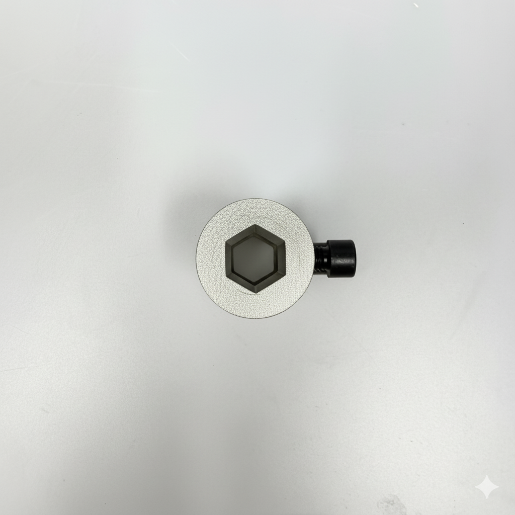 Hub Adjustment Assembly for LCTX tire changer, top view showing CNC-machined hexagonal socket and black locking screw