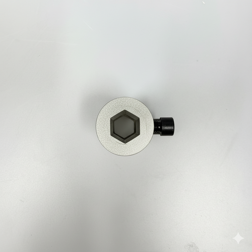 Hub Adjustment Assembly for LCTX tire changer, top view showing CNC-machined hexagonal socket and black locking screw