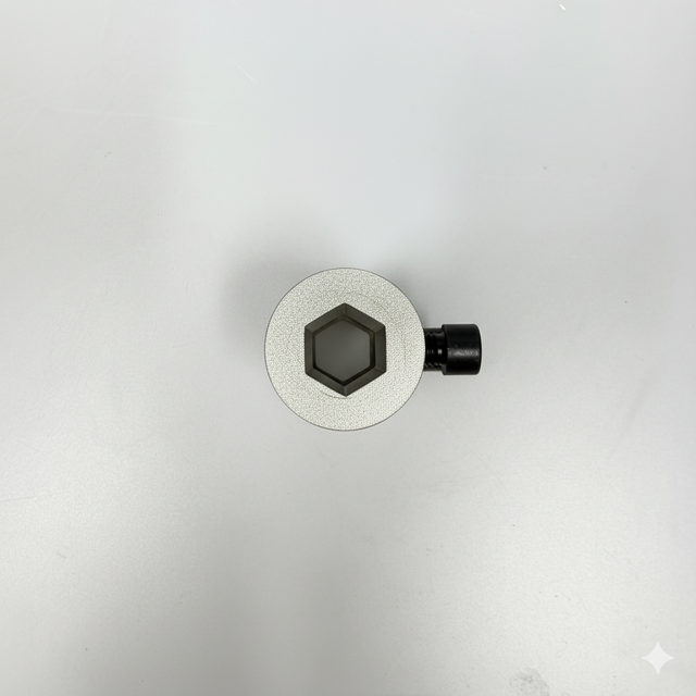 Hub Adjustment Assembly for LCTX tire changer, top view showing CNC-machined hexagonal socket and black locking screw