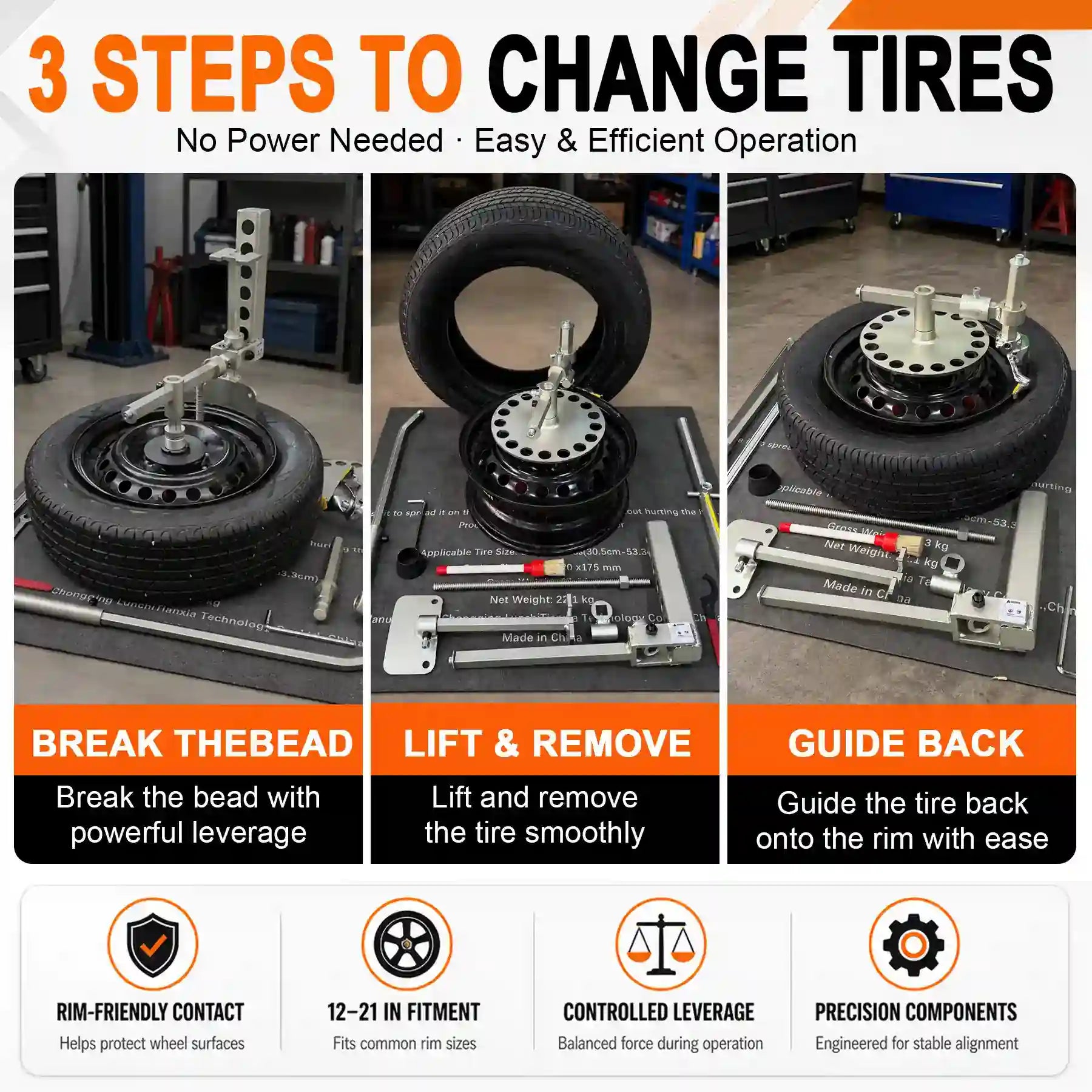 EZ Tirechanger LCTX 3rd Gen 3-in-1 Manual Tire Changer – No Power, No Compressor, 12"–21" Wheels