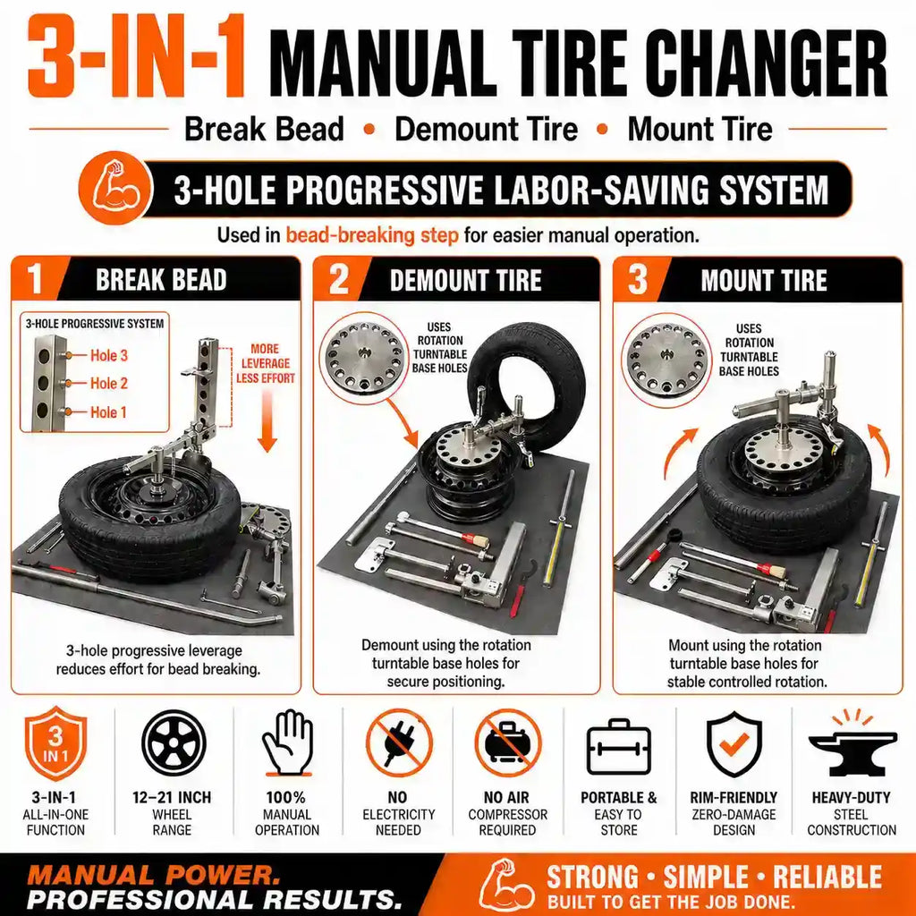 EZ Tirechanger LCTX 3rd Gen 3-in-1 Manual Tire Changer – No Power, No Compressor, 12"–21" Wheels