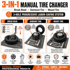 EZ Tirechanger LCTX 3rd Gen 3-in-1 Manual Tire Changer – No Power, No Compressor, 12"–21" Wheels