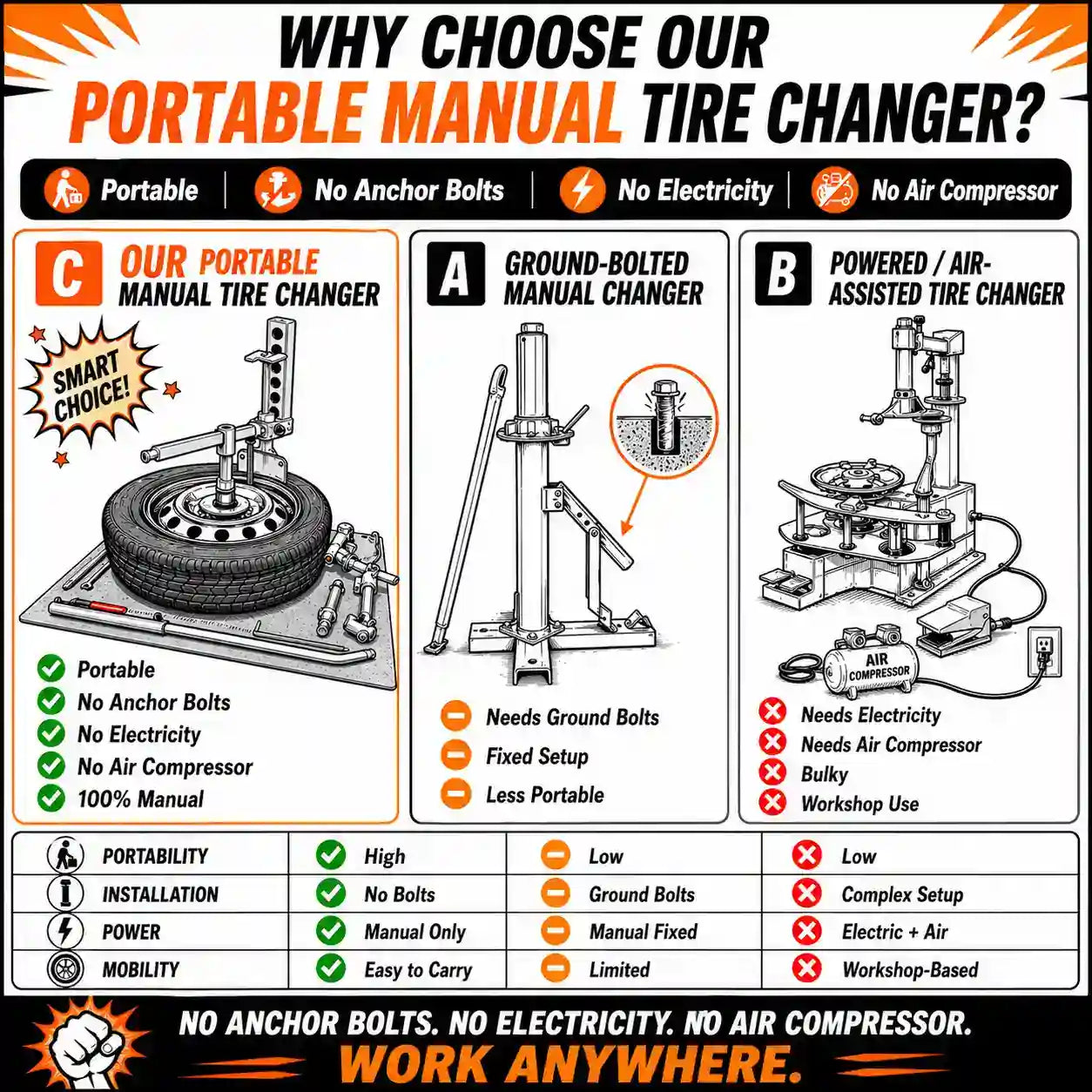 EZ Tirechanger LCTX 3rd Gen 3-in-1 Manual Tire Changer – No Power, No Compressor, 12"–21" Wheels